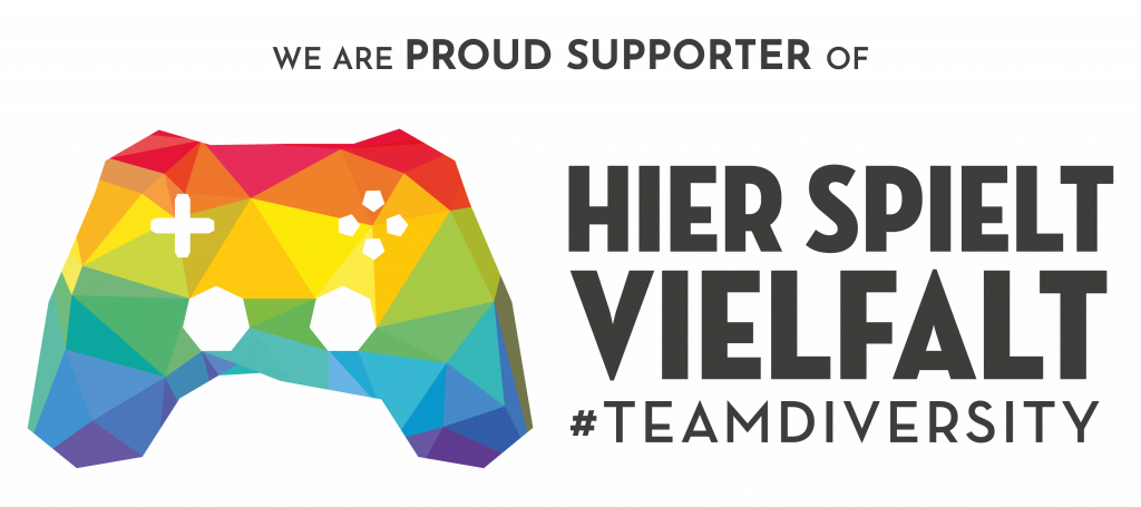 A supporter banner for "Hier spielt Vielfalt", #teamdiversity, showing a rainbow colored controller.