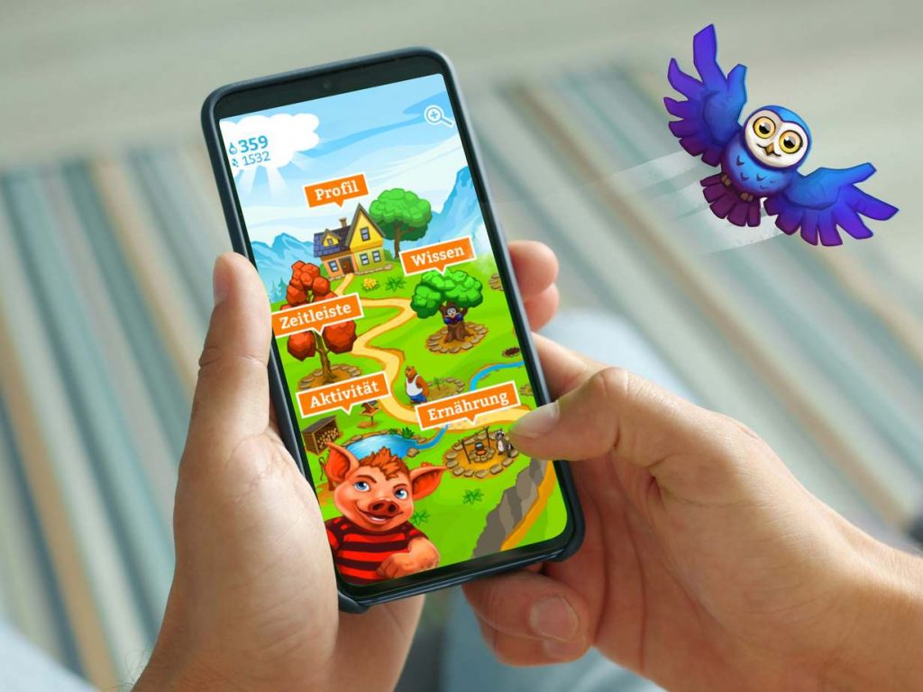 Screenshot of Mission: Schweinehund, showing the main menu in the player's garden, as well as the Schweinehund antagonist character and a friendly owl flying besides the screen.